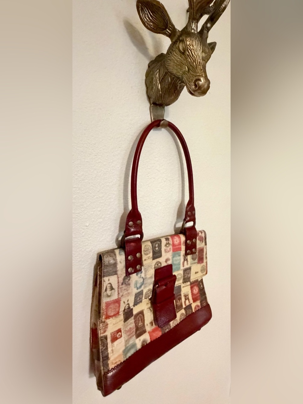 Patchwork Print Shoulder Bag with Burgundy Trim